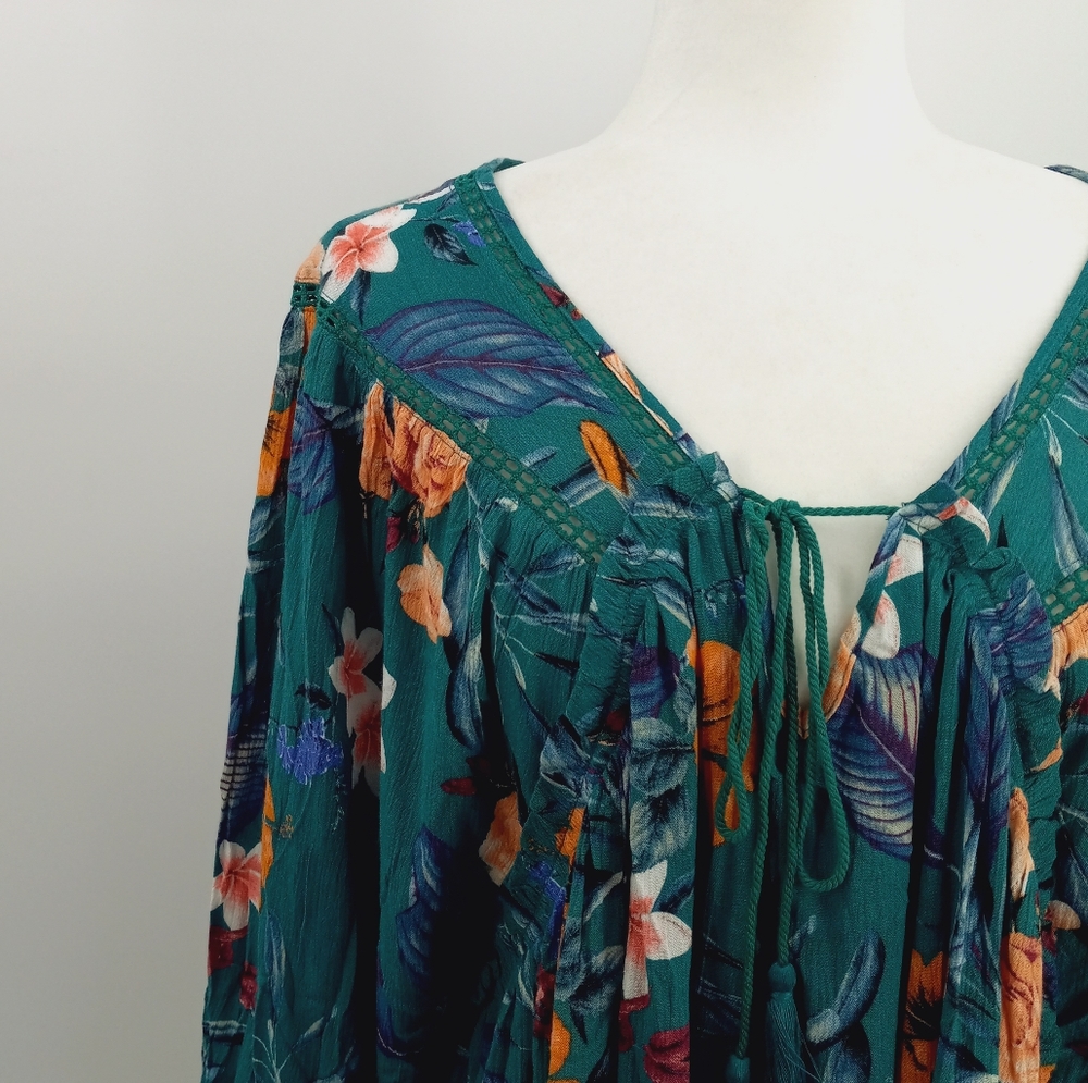 ODDY NWT Boho Tassel Tie Detail Floral Balloon Sleeve Peasant Style Tunic Top 1X - Picture 5 of 15